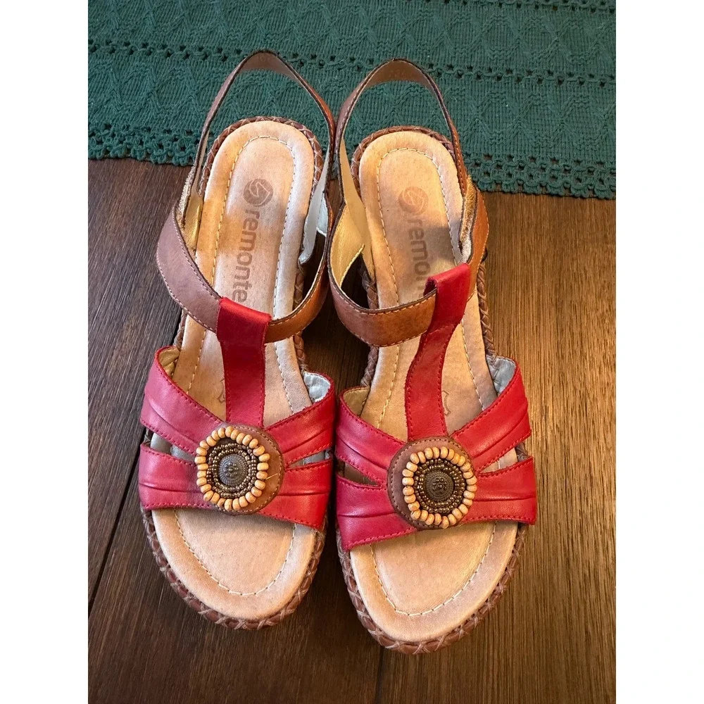 Remonte Red Tan Leather Beaded Wedge Sandals Womens 37 Slingback Boho US Sz 6.5
